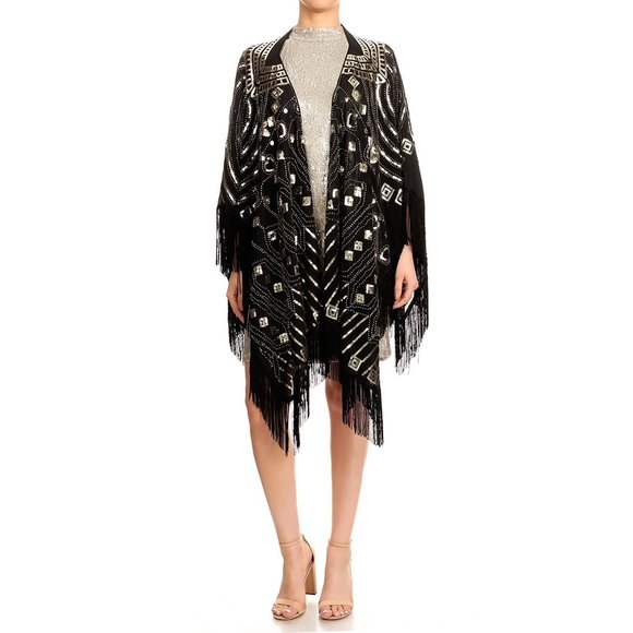 Womens Oversized Gatsby Hand Beaded Fringed Sequin Evening Shawl Wrap🐴